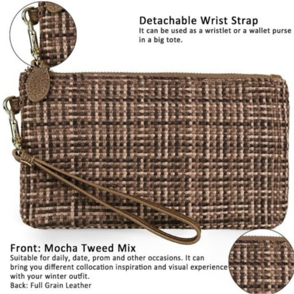 Befen  Genuine Italian Leather Wristlet Clutch Wallet Purse Mocha Tweed Mix